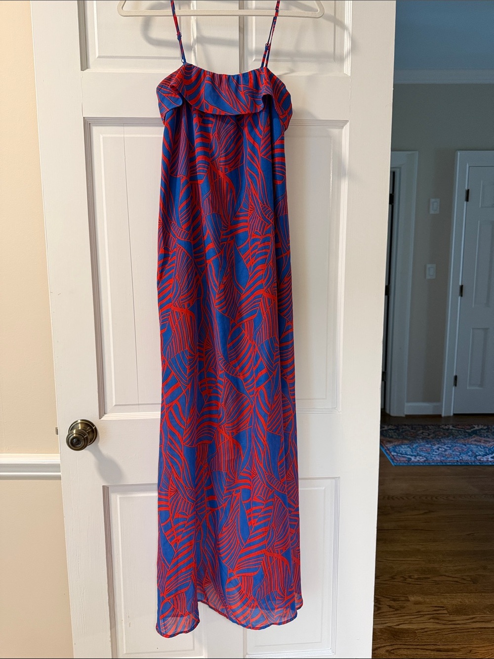 Gianni Bini Blue and Red Leaf-Print Maxi Dress
